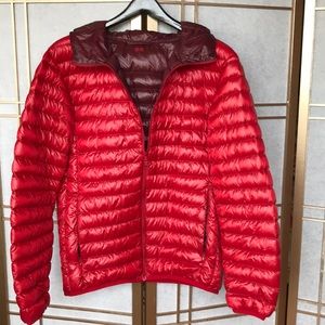 Red puffer jacket